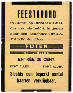 97691 Afbeelding van een affiche met de aankondiging van een feestavond met de declamator de heer Fijten in het gebouw ...
